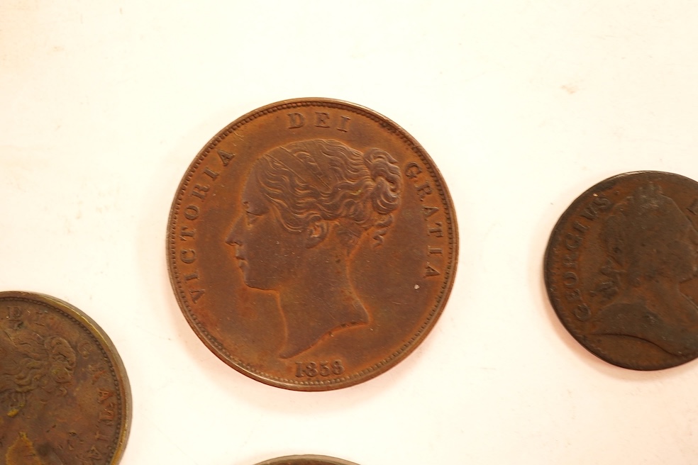 British copper coins;, Victoria, two pennies, 1858, good VF, dark toned, 1854, VF, dark toned, George III, halfpenny, 1773 and Isaac Newton farthing token, 1794